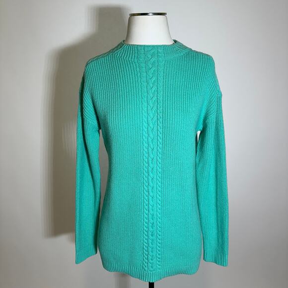 Talbots Cableknit Lambswool Blend Sweater Teal Green Mockneck Womens Size Small - Picture 1 of 9